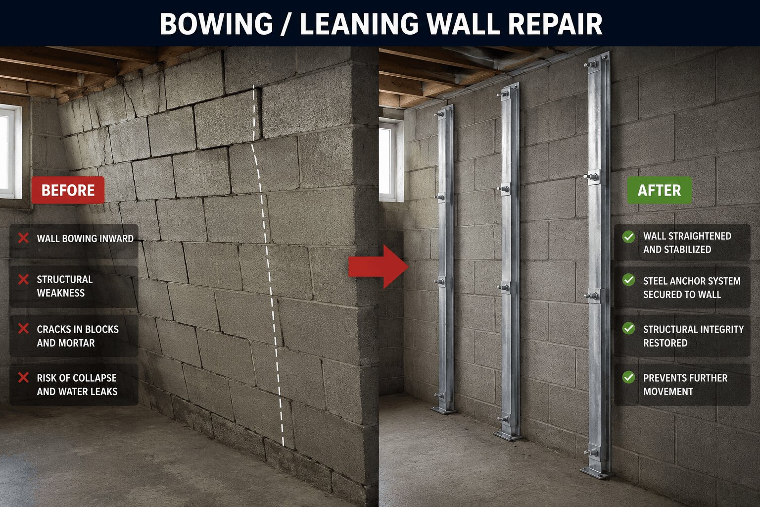 Bowing wall repair in Rock Hill SC — carbon fiber straps reinforcing a foundation wall