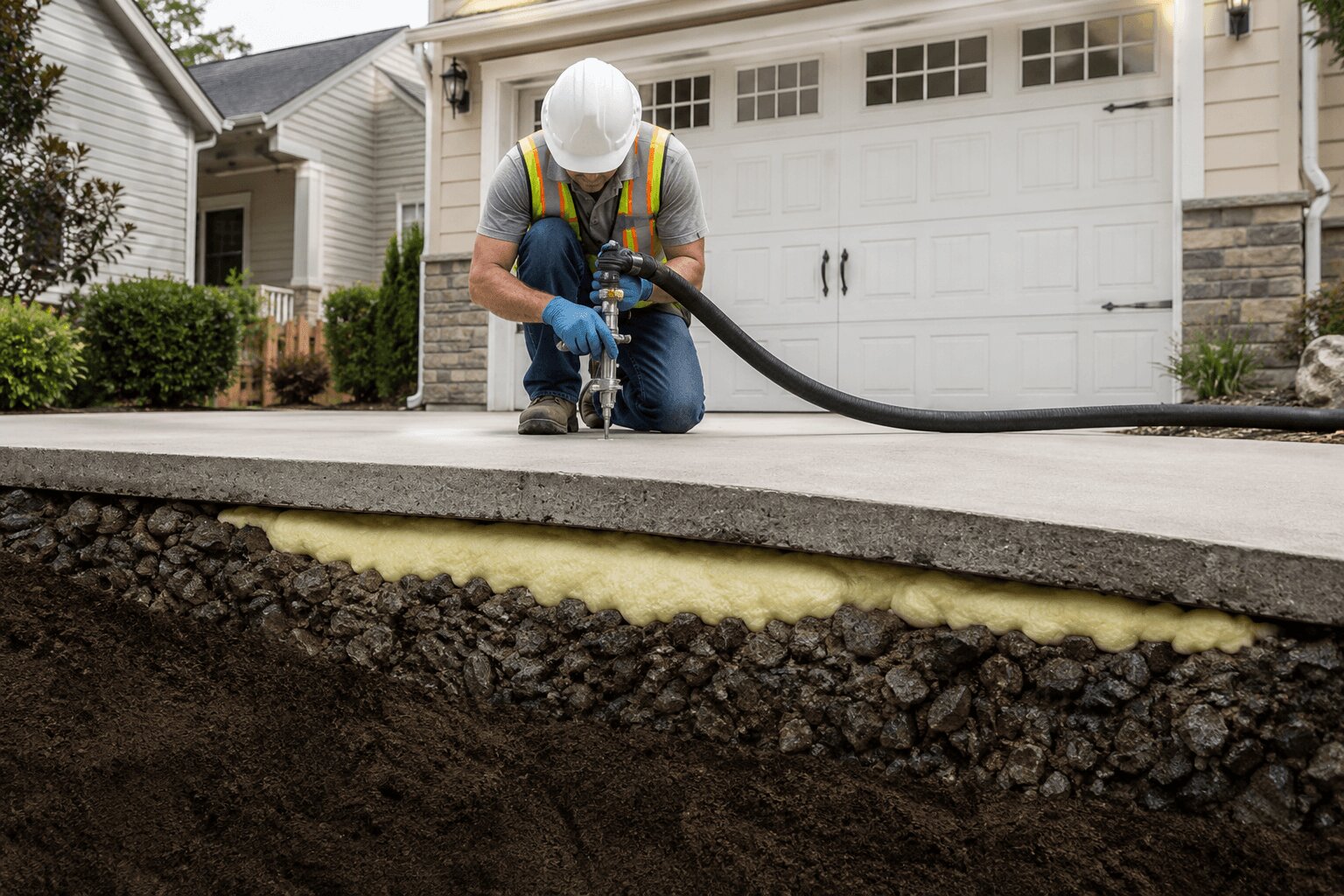 Concrete leveling in Rock Hill SC — polyurethane foam lifting a sunken concrete slab