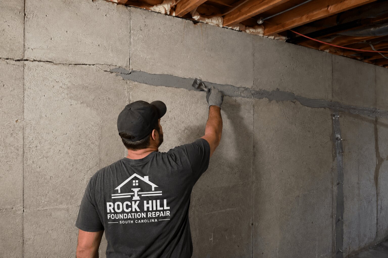 Foundation crack repair in Rock Hill SC — sealing a cracked concrete foundation wall