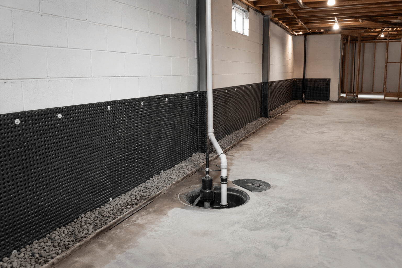 Sump pump installation in Rock Hill SC — sump pump with battery backup in a basement basin